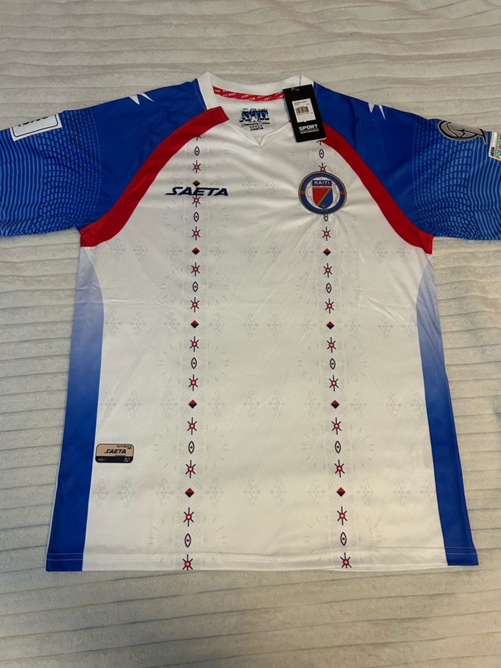 White, Blue & Red Men's Short-Sleeve Soccer Jersey